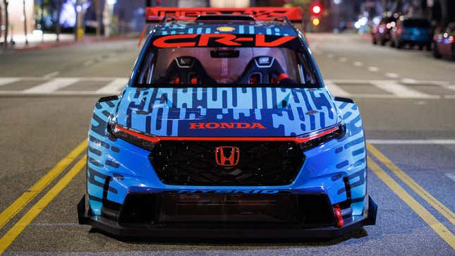 A photo of the front end of the CR-V race car with its blue livery. 