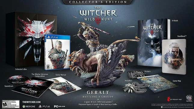 Promotional art for The Witcher 3 Collector's Edition shows a figure of Geralt slaying a griffin.