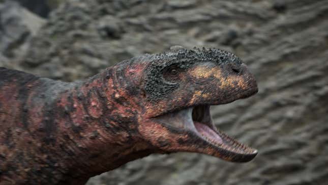 A photorealistic Rajasaurus from Prehistoric Planet's 2nd season.