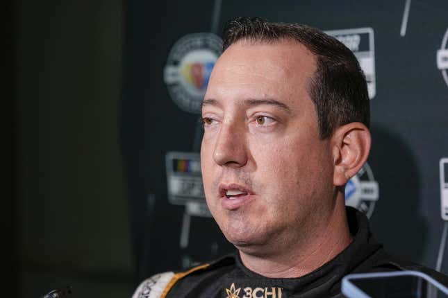 Aug 31, 2023; Charlotte, North Carolina, USA; Kyle Busch answers questions from the media at Charlotte Convention Center.