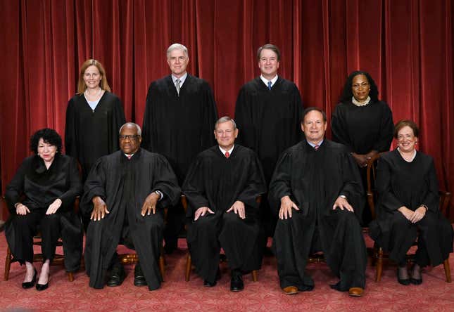 Justices of the US Supreme Court pose for their official photo at the Supreme Court in Washington, DC on October 7, 2022. - (Seated from left) Associate Justice Sonia Sotomayor, Associate Justice Clarence Thomas, Chief Justice John Roberts, Associate Justice Samuel Alito and Associate Justice Elena Kagan, (Standing behind from left) Associate Justice Amy Coney Barrett, Associate Justice Neil Gorsuch, Associate Justice Brett Kavanaugh and Associate Justice Ketanji Brown Jackson.