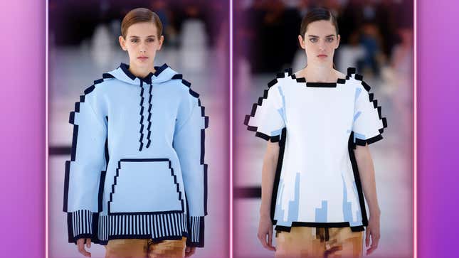 An image of two models in what appears to be pixelated, but entirely real, clothing is shown. 