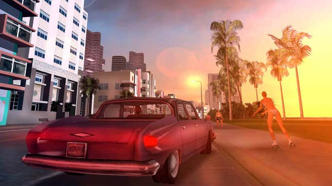 A screenshot of GTA Vice City shows a car driving down a street near an NPC skating. 