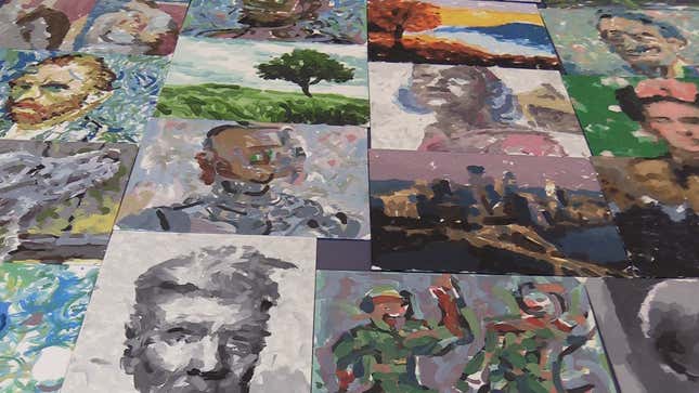 A collection of paintings completed by FRIDA, a collaborative robotics and art project at Carnegie Mellon University’s Robotics Institute
