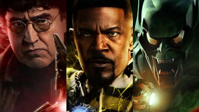 Alfred Molina as Doctor Octopus, Jamie Foxx as Electro, and Willem Dafoe as Green Goblin in the posters for Spider-Man: No Way Home. 