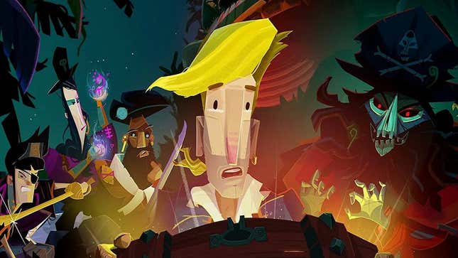 Promotional art for Return to Monkey Island shows hero Guybrush Threepwood in the center, the nefarious pirate LeChuck to the right, and various other characters to the left, in the game's distinctive art style.