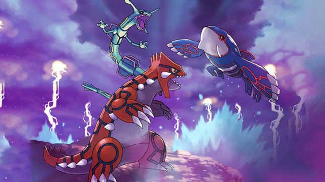 Groudon and Kyogre are seen fighting as Rayquaza descends to intervene.