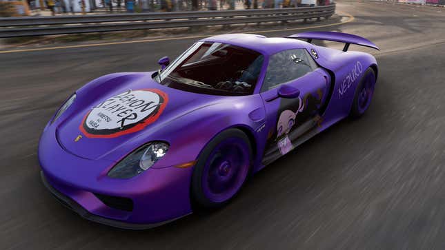 A screenshot of a purple sports car bearing a Demon Slayer custom livery in Forza Horizon 5. 