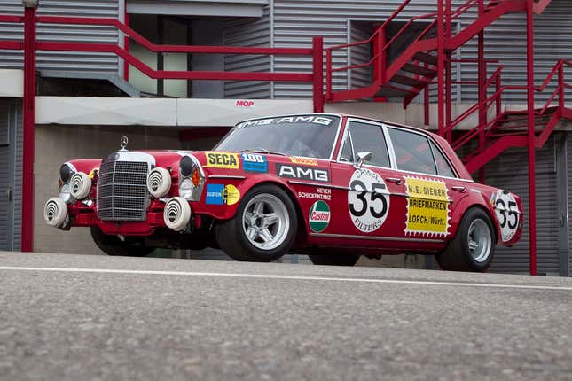 The Mercedes-Benz 300SEL 6.3 AMG ‘Red Pig’ parked at Spa-Francorchamps.