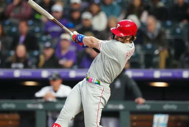 May 12, 2023; Denver, Colorado, USA; Philadelphia Phillies designated hitter Bryce Harper (3) in the seventh inning against the Colorado Rockies at Coors Field.