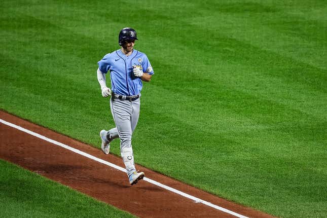 Sep 15, 2023; Baltimore, Maryland, USA; Tampa Bay Rays second baseman Brandon Lowe (8) rounds the bases after hitting a one run home run against the Baltimore Orioles during the fourth inning at Oriole Park at Camden Yards.