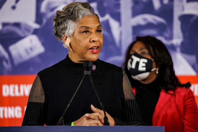  Rep. Joyce Beatty (D-OH) speaks during a press conference at Union Station on Martin Luther King Jr. Day on January 17, 2022, in Washington, DC. 