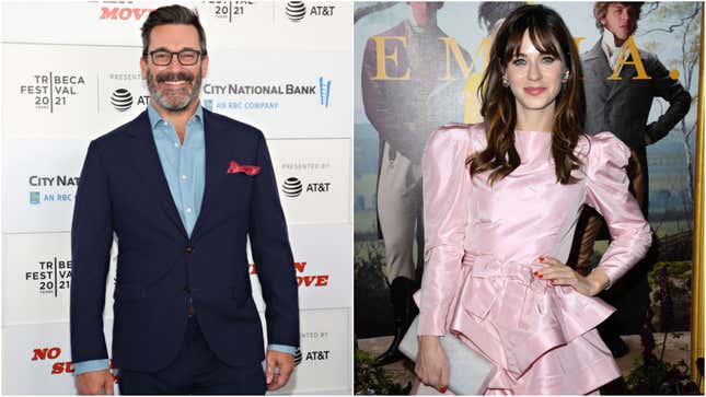Jon Hamm (Photo: Cindy Ord/Getty Images for Tribeca Festival) and Zooey Deschanel (Photo: Jon Kopaloff/Getty Images)