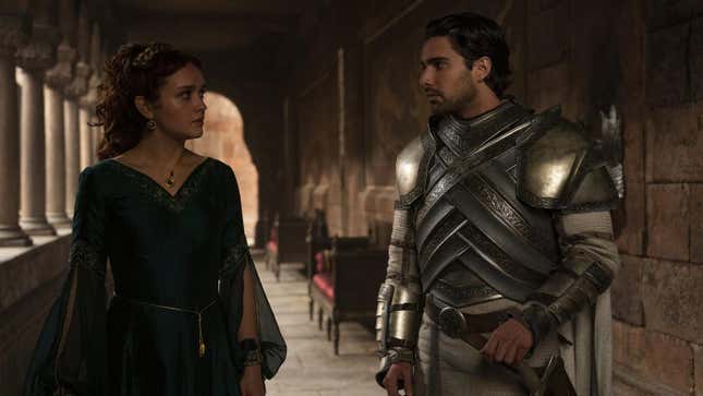 Olivia Cooke and Fabien Frankel as Alicent Hightower and Criston Cole in House of the Dragon.