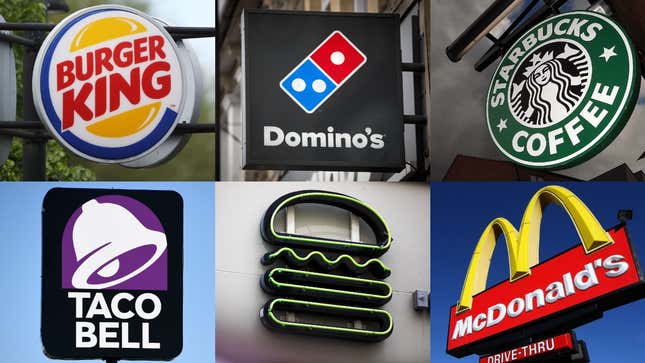 Collage of signs from Burger King, Domino's, Starbucks, Taco Bell, Shake Shack, and McDonald's