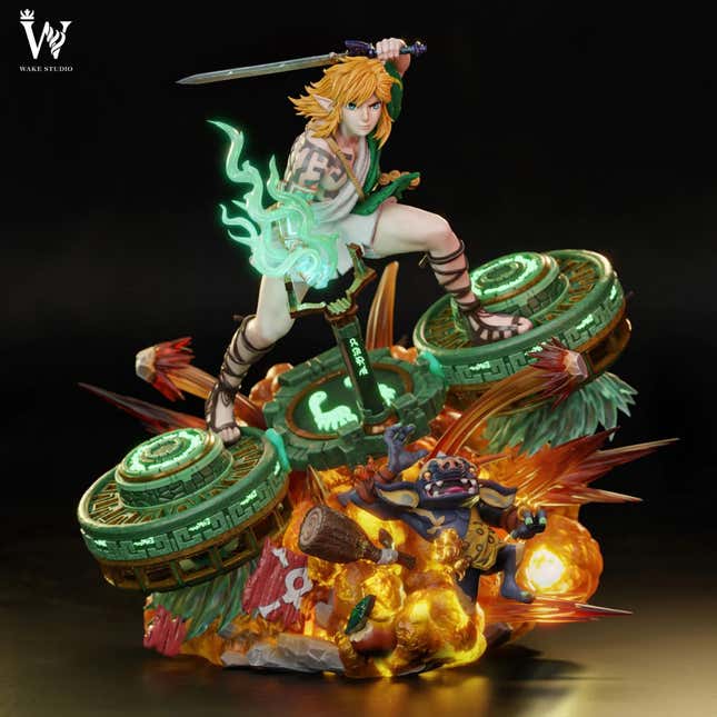 The full statue shows Link riding a goblin glider over top of a goblin exploding. 