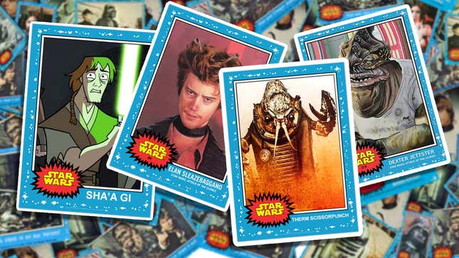 A collage of Star Wars trading cards shows some of the weirdest characters.