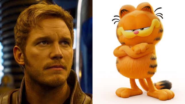 An image of Chris Pratt next to his next voice-over gig: Garfield the cat.