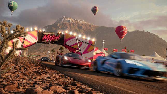 An image of several cars from Forza Horizon 5 racing against each other at very high speeds.