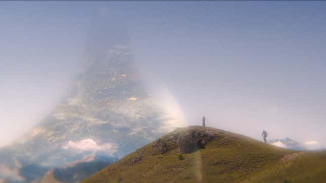 Master Chief walks up to meet Makee in a dream-like vision of the Halo ring.