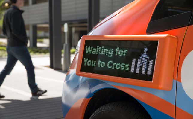 An LED display for passengers on a Drive.ai self-driving van in Frisco, Texas.