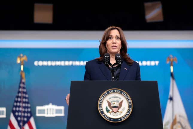 Vice President Kamala Harris delivers remarks on medical debt in the South Court Auditorium of the White House on April 11, 2022, in Washington, DC.