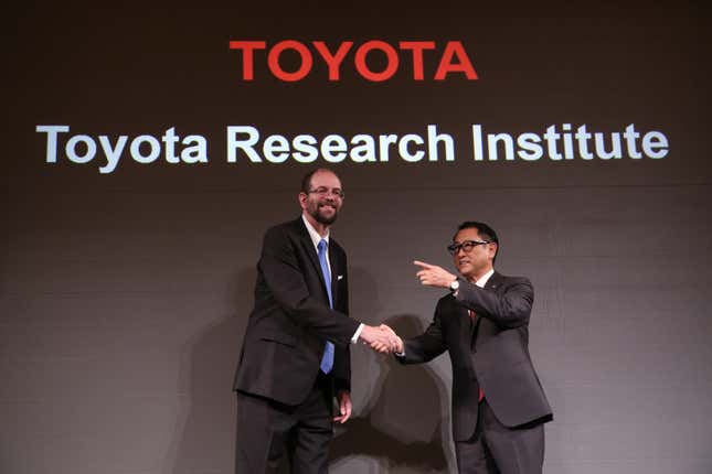 Gill Pratt and Akio Toyota announcing the new company Nov. 6.