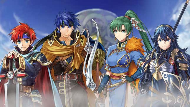 A small group of Fire Emblem characters stands together. 