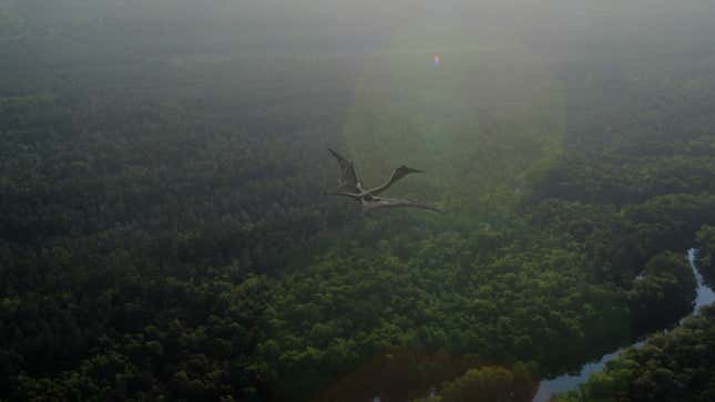 A massive pterosaur soars over the forest.