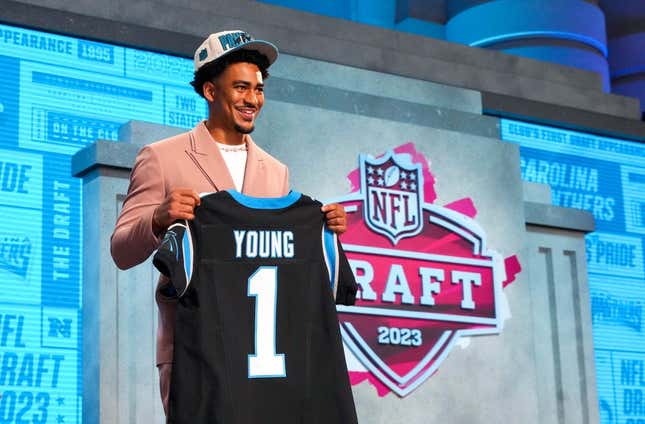 Apr 27, 2023; Kansas City, MO, USA; Alabama quarterback Bryce Young on stage after he was drafted first overall by the Carolina Panthers in the first round of the 2023 NFL Draft at Union Station.