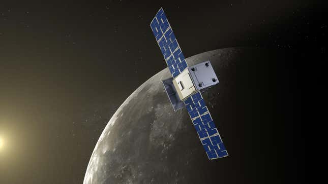 An illustration of the CAPSTONE spacecraft during its elliptical orbit around the Moon.