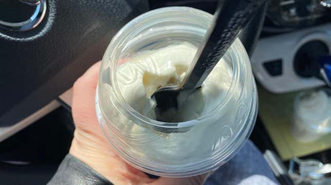 My McDonald’s soft serve came in a McFlurry cup with an open top, which was convenient for eating it in the car. 
