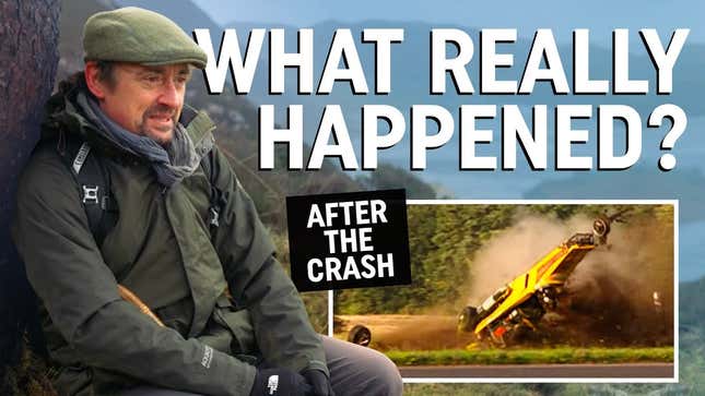 youtube thumbnail of richard hammond sitting on a mountaintop reminiscing about his near-fatal jet car crash. text on the screen reads "what really happened? after the crash" with an inset image of the crash that nearly killed hammond