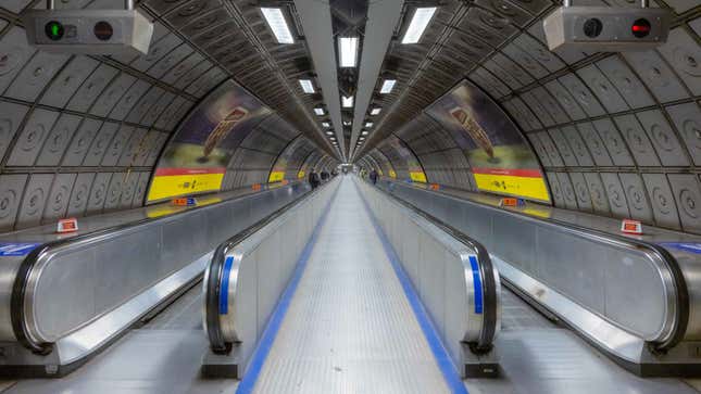 A photo of a travelator in a London Tube station. 