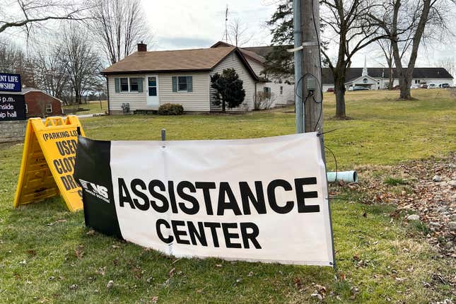 A sign sits outside of the Abundant Life Fellowship church for the Norfolk Southern Assistance Center located inside the church on Tuesday, Feb. 7, 2023. 