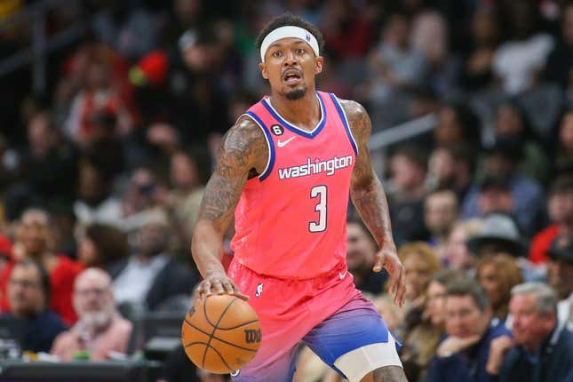 Feb 28, 2023; Atlanta, Georgia, USA; Washington Wizards guard Bradley Beal (3) dribbles against the Atlanta Hawks in the second half at State Farm Arena.