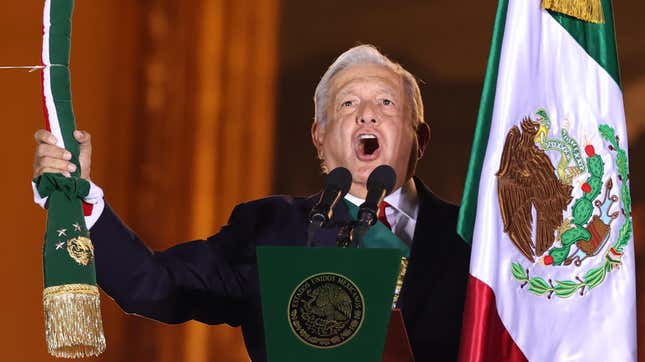 Mexican President Andres Manuel Lopez Obrador speaks during the annual shout of independence (Grito de Independencia) as part of the independence day celebrations on September 15, 2021 in Mexico City, Mexico.