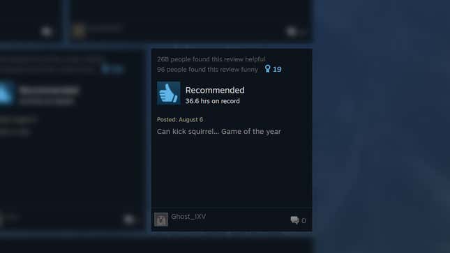 A positive review says: "Can kick squirrel... Game of the year."