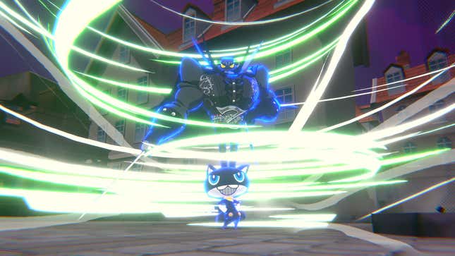 Morgana is shown summoning his Persona and using a wind spell.