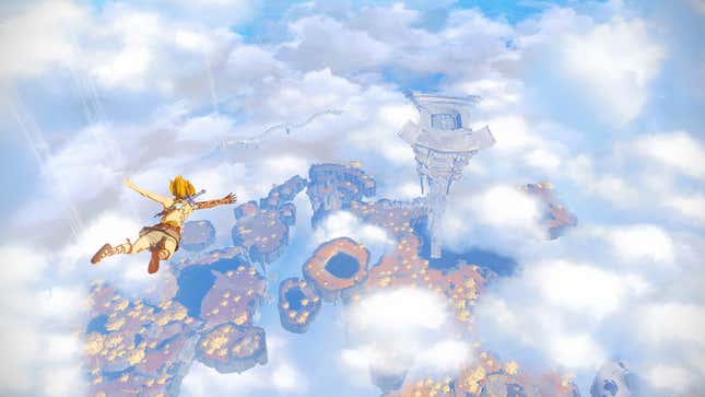 Link is shown falling through the sky toward a sky island.