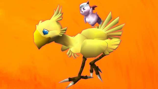 A frowning Moogle rides a yellow Chocobo against an orange background.