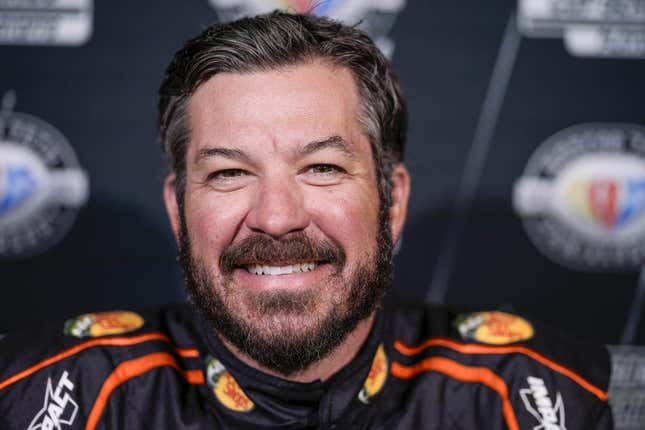 Aug 31, 2023; Charlotte, North Carolina, USA; Martin Truex Jr. answers questions from the media at Charlotte Convention Center.