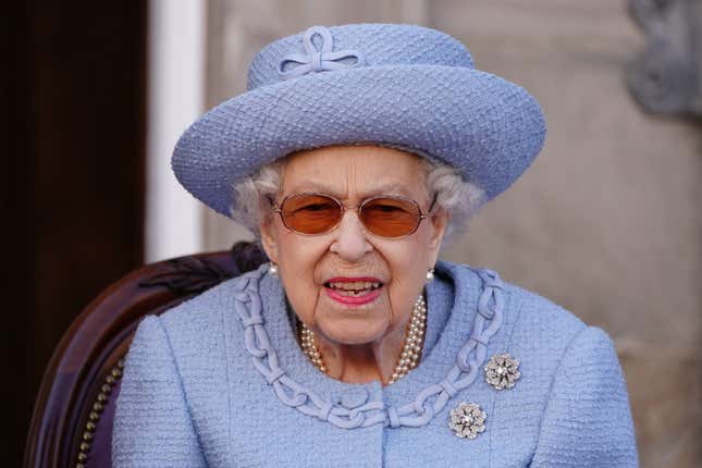 Queen Elizabeth II attending the Queen’s Body Guard for Scotland (also known as the Royal Company of Archers) Reddendo Parade in the gardens of the Palace of Holyroodhouse, Edinburgh, Scotland on June 30, 2022.