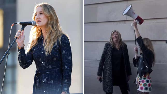 Left: Margo Price performs at a vigil to mourn the lives of the victims of the Covenant School shooting. Right: Price protests at the Tennessee State Capitol with Rep. Gloria Johnson.