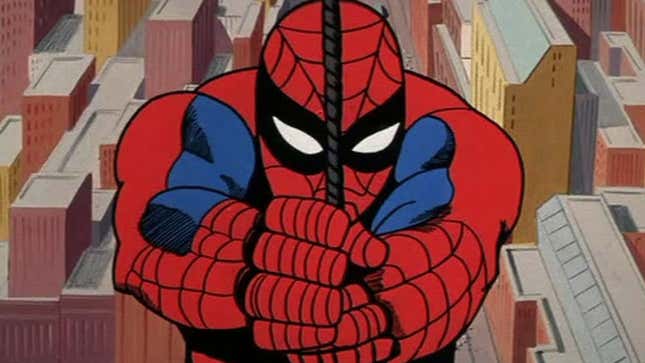 Spider-Man swings towards the camera in the original 1967 animated adaptation of the Marvel character.