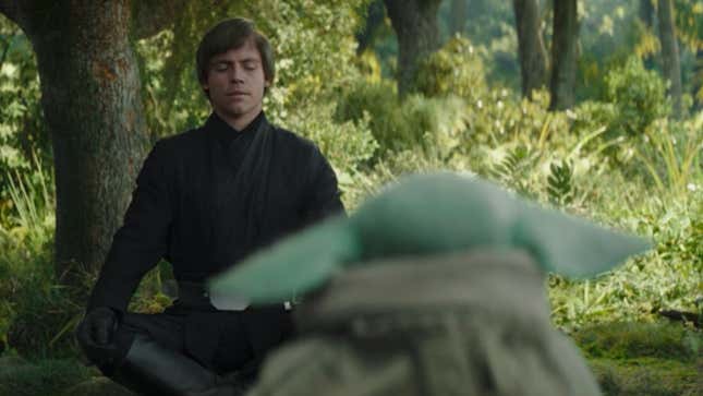 On a lovely forest planet, Luke Skywalker sits with closed eyes and meditates by baby Grogu watches.