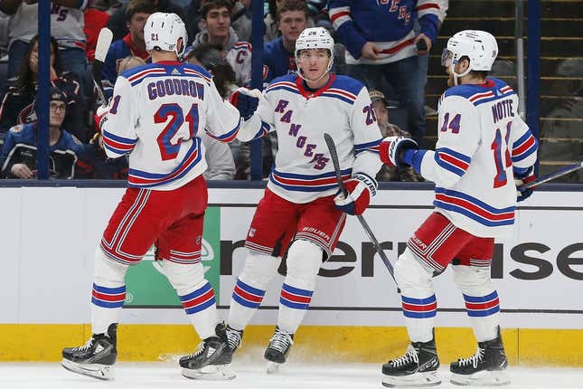 Apr 8, 2023; Columbus, Ohio, USA; New York Rangers left wing Jimmy Vesey (26) celebrates his goal against the Columbus Blue Jackets during the first period at Nationwide Arena.