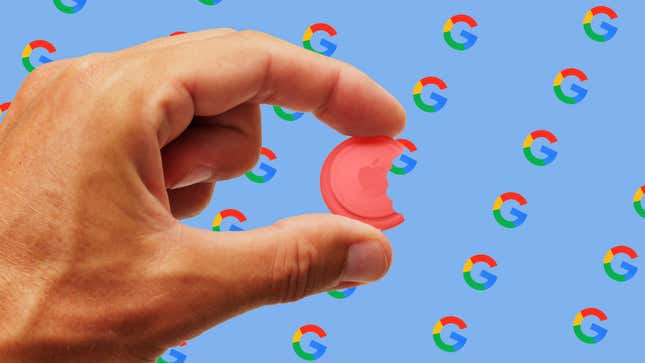 A hand holding an AirTag in front of a panel of Google icons.