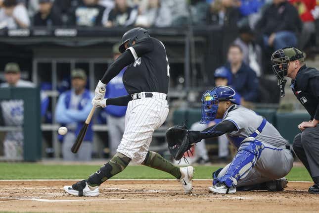May 19, 2023; Chicago, Illinois, USA; Chicago White Sox first baseman Andrew Vaughn (25) singles against the Kansas City Royals during the second inning at Guaranteed Rate Field.