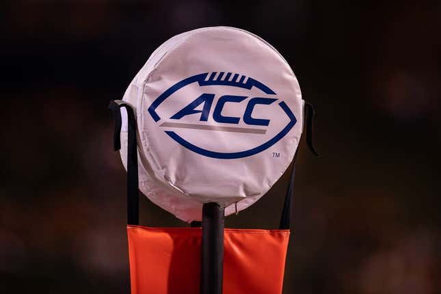 Sep 4, 2021; Charlottesville, Virginia, USA; A detailed view of the ACC logo on the down marker used during the game between William &amp;amp; Mary Tribe and the Virginia Cavaliers at Scott Stadium.